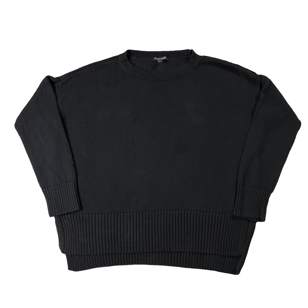 Eileen Fisher Cotton Linen Crewneck Sweater Black Women XS Quiet Luxury Minimal